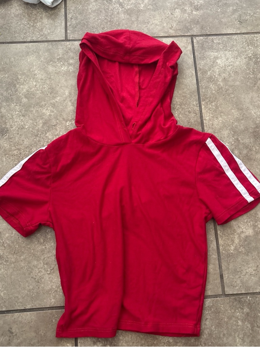 Red Hooded Short Sleeve Top with White Sleeve Stripes